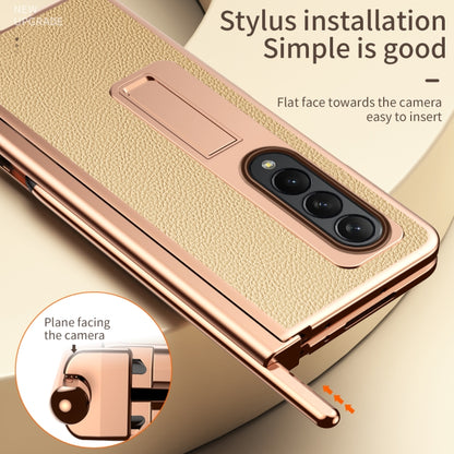 For Samsung Galaxy Z Fold4 Litchi Texture Leather Hinged Electroplated Phone Case with Pen(Gold) - Galaxy Z Fold4 5G Cases by buy2fix | Online Shopping UK | buy2fix