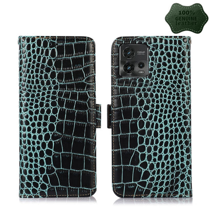 For Motorola Moto G72 Magnetic Crocodile Texture Genuine Leather RFID Phone Case(Green) - Motorola Cases by buy2fix | Online Shopping UK | buy2fix