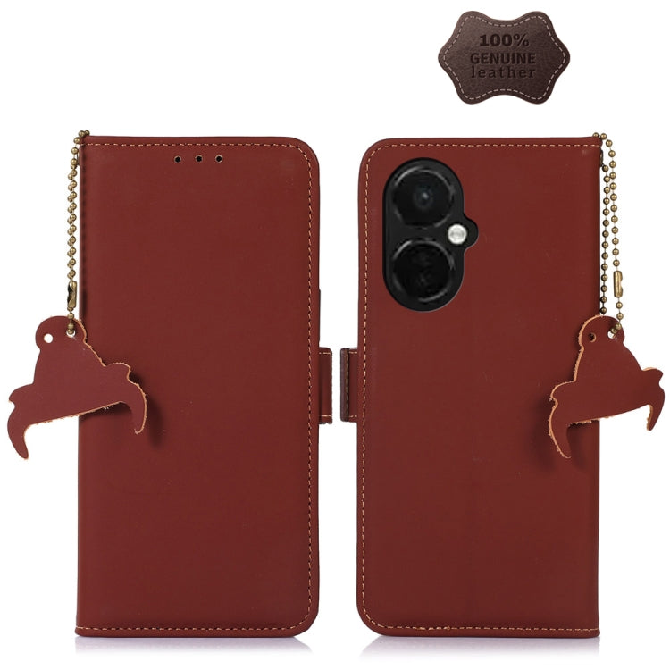 For OnePlus Nord CE 3 Lite Genuine Leather Magnetic RFID Leather Phone Case(Coffee) - OnePlus Cases by buy2fix | Online Shopping UK | buy2fix