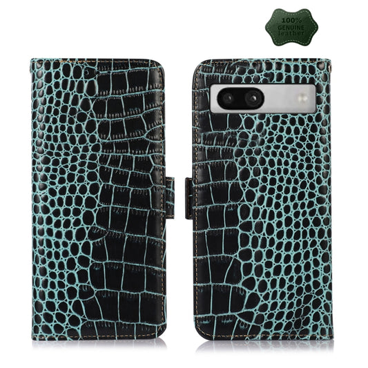 For Google Pixel 7a Crocodile Top Layer Cowhide Leather Phone Case(Green) - Google Cases by buy2fix | Online Shopping UK | buy2fix