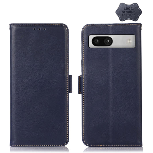 For Google Pixel 7a Crazy Horse Top Layer Cowhide Leather Phone Case(Blue) - Google Cases by buy2fix | Online Shopping UK | buy2fix