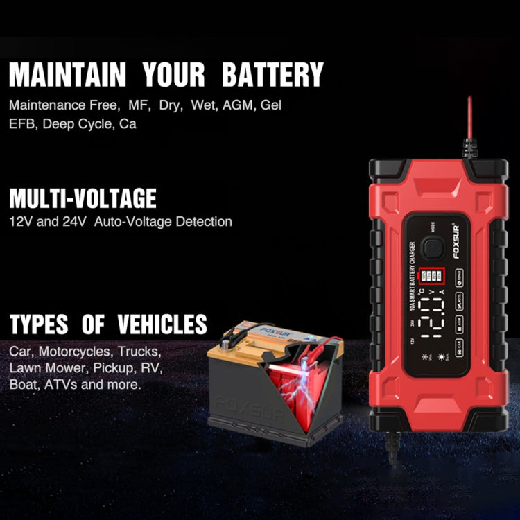 FOXSUR 12V / 24V / 10A Car / Motorcycle Battery Smart Repair Lead-acid Battery Charger, Plug Type:AU Plug - Battery Charger by FOXSUR | Online Shopping UK | buy2fix