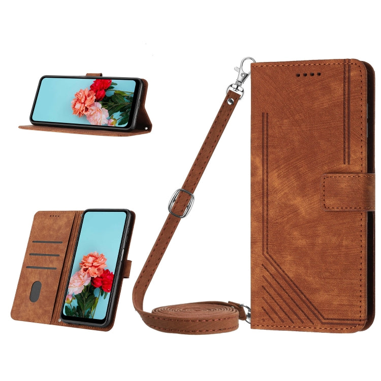 For Tecno Spark 10 Pro Skin Feel Stripe Pattern Leather Phone Case with Lanyard(Brown) - Tecno Cases by buy2fix | Online Shopping UK | buy2fix