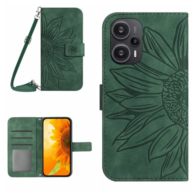 For Xiaomi Poco F5 Skin Feel Sun Flower Embossed Flip Leather Phone Case with Lanyard(Green) - Xiaomi Cases by buy2fix | Online Shopping UK | buy2fix