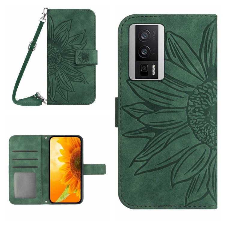 For Xiaomi Poco F5 Pro Skin Feel Sun Flower Embossed Flip Leather Phone Case with Lanyard(Green) - Xiaomi Cases by buy2fix | Online Shopping UK | buy2fix