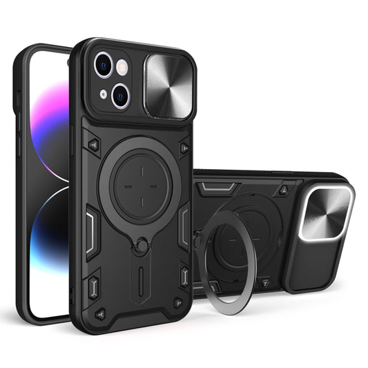 For iPhone 15 Plus CD Texture Sliding Camshield Magnetic Holder Phone Case(Black) - iPhone 15 Plus Cases by buy2fix | Online Shopping UK | buy2fix