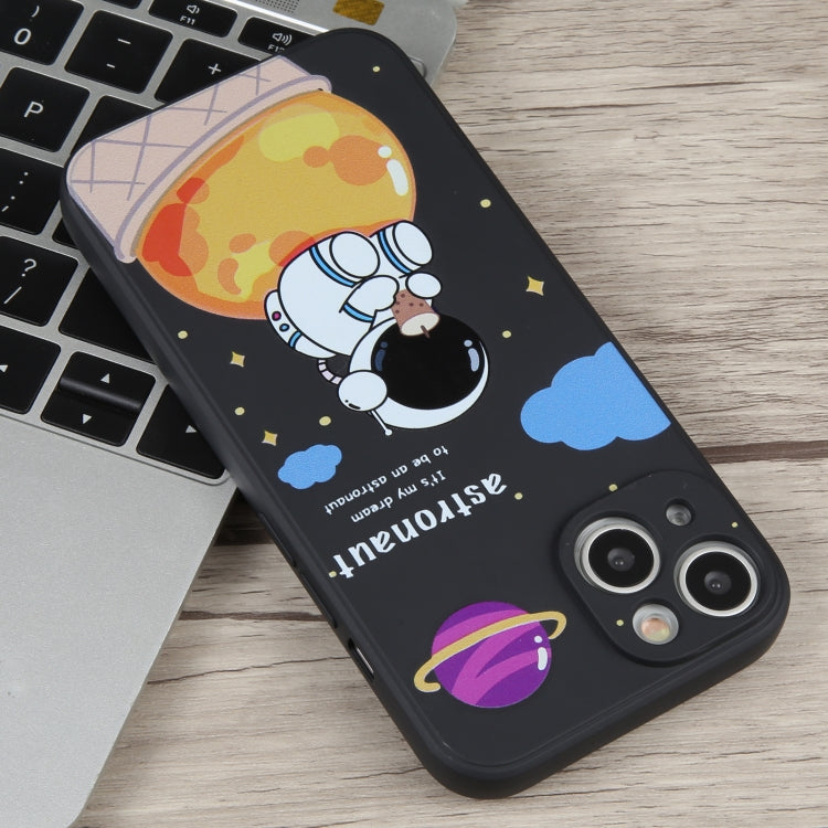 For iPhone 14 Plus Milk Tea Astronaut Pattern Liquid Silicone Phone Case(Ivory Black) - iPhone 14 Plus Cases by buy2fix | Online Shopping UK | buy2fix