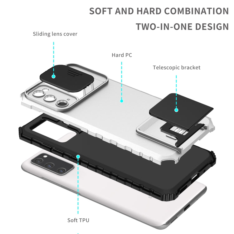 For Samsung Galaxy S20 FE Stereoscopic Holder Sliding Camshield Phone Case(White) - Galaxy S20 FE Cases by buy2fix | Online Shopping UK | buy2fix