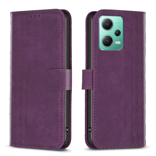 For Xiaomi Redmi Note 12 5G Global Plaid Embossed Leather Phone Case(Purple) - Note 12 Cases by buy2fix | Online Shopping UK | buy2fix