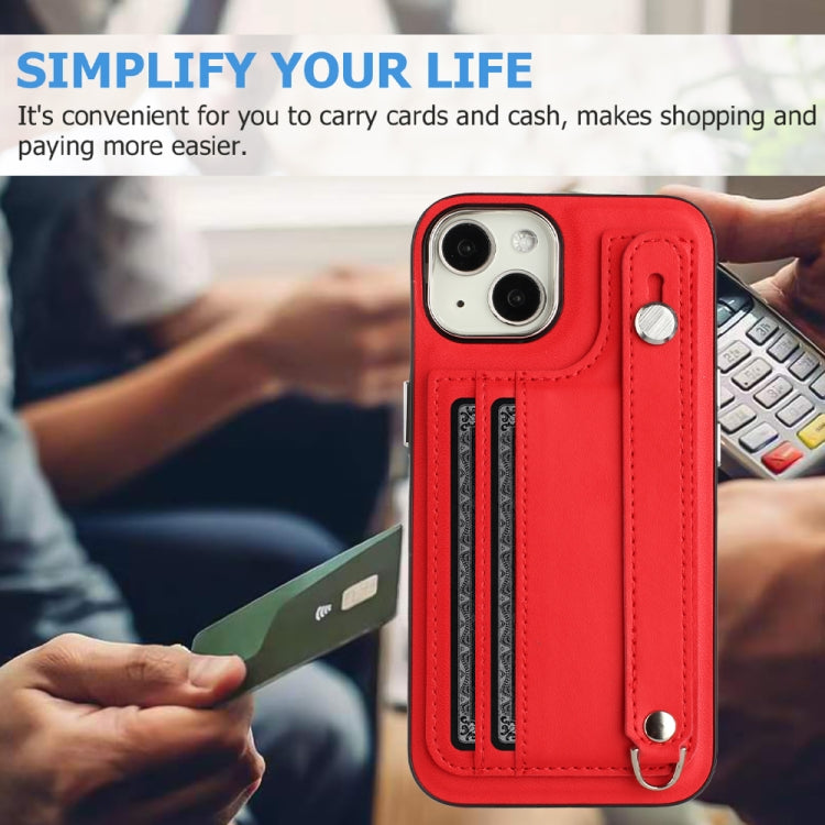 For iPhone 13 Shockproof Leather Phone Case with Wrist Strap(Red) - iPhone 13 Cases by buy2fix | Online Shopping UK | buy2fix