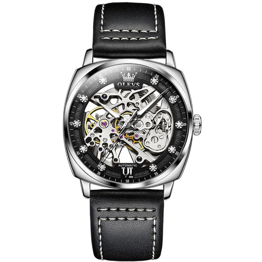 OLEVS 6651 Men Luminous Waterproof Hollow Mechanical Watch(Black + White) - Leather Strap Watches by OLEVS | Online Shopping UK | buy2fix