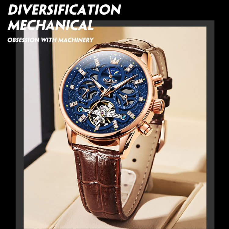 OLEVS 6658 Men Luminous Waterproof Leather Strap Mechanical Watch(Blue + Rose Gold) - Leather Strap Watches by OLEVS | Online Shopping UK | buy2fix