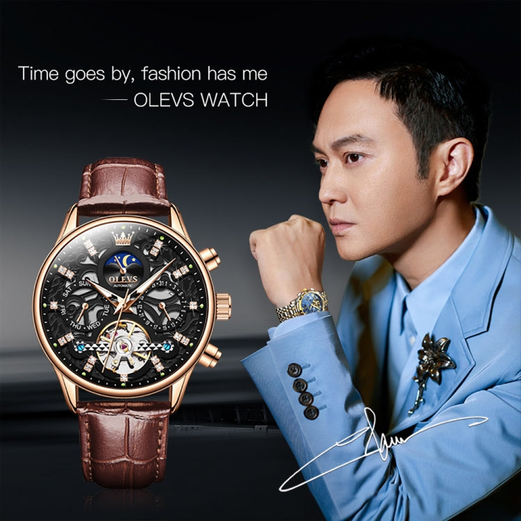 OLEVS 6658 Men Luminous Waterproof Leather Strap Mechanical Watch(Black + Rose Gold) - Leather Strap Watches by OLEVS | Online Shopping UK | buy2fix