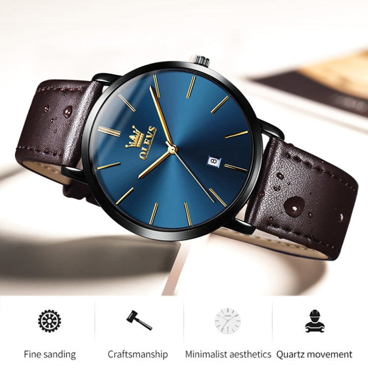 OLEVS 5869 Men Business Waterproof Genuine Leather Strap Quartz Watch(Blue + Dark Brown) - Leather Strap Watches by OLEVS | Online Shopping UK | buy2fix