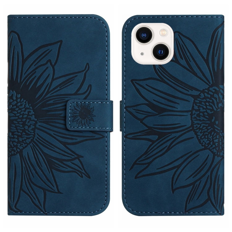 For iPhone 15 Skin Feel Sun Flower Embossed Flip Leather Phone Case with Lanyard(Inky Blue) - iPhone 15 Cases by buy2fix | Online Shopping UK | buy2fix