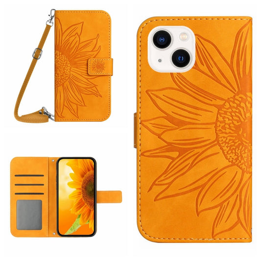 For iPhone 15 Plus Skin Feel Sun Flower Embossed Flip Leather Phone Case with Lanyard(Yellow) - iPhone 15 Plus Cases by buy2fix | Online Shopping UK | buy2fix