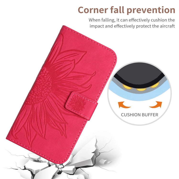For iPhone 15 Plus Skin Feel Sun Flower Embossed Flip Leather Phone Case with Lanyard(Rose Red) - iPhone 15 Plus Cases by buy2fix | Online Shopping UK | buy2fix