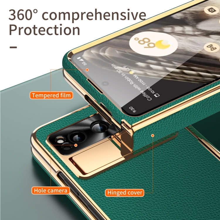 For Google Pixel Fold Litchi Pattern Electroplating Folding Phone Case with Hinge(Green) - Google Cases by buy2fix | Online Shopping UK | buy2fix