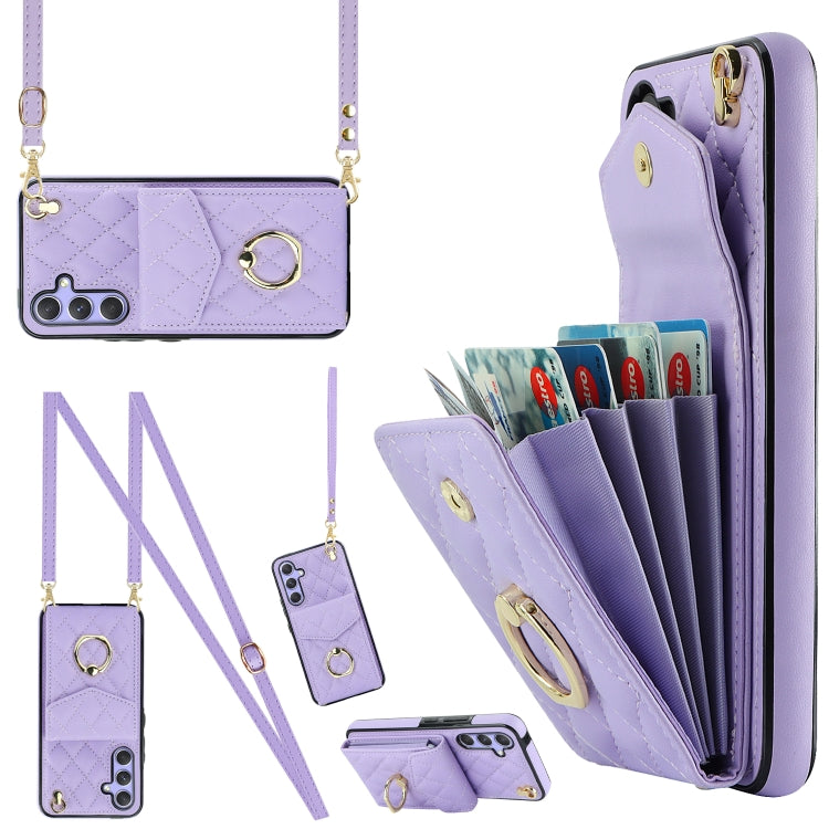 For Samsung Galaxy A54 5G Rhombic Texture Card Bag Phone Case with Long Lanyard(Light Purple) - Galaxy Phone Cases by buy2fix | Online Shopping UK | buy2fix