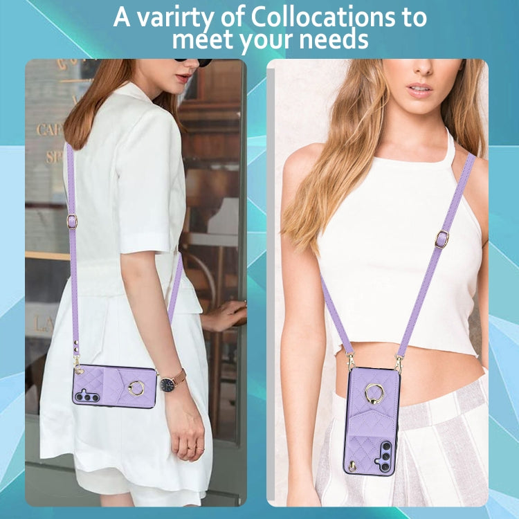 For Samsung Galaxy A54 5G Rhombic Texture Card Bag Phone Case with Long Lanyard(Light Purple) - Galaxy Phone Cases by buy2fix | Online Shopping UK | buy2fix