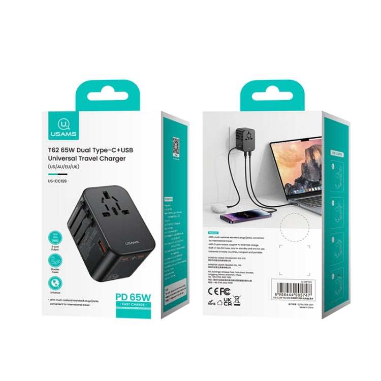 USAMS US-CC199 T62 65W PD Global Travel Fast Charger Power Adapter(Black) - International Plug Adaptor by USAMS | Online Shopping UK | buy2fix