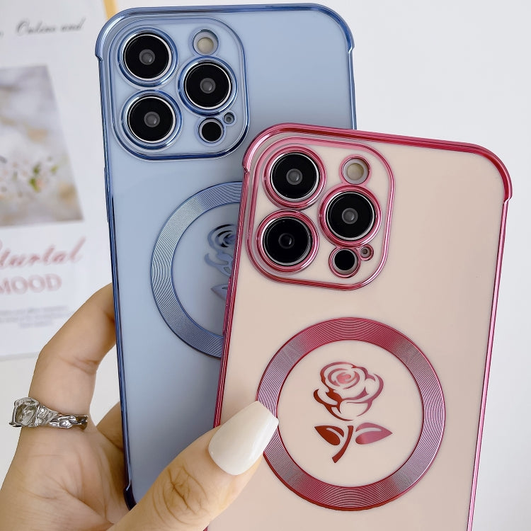 For iPhone 15 Pro Electroplate Side Roses Flower MagSafe Phone Case(Blue) - iPhone 15 Pro Cases by buy2fix | Online Shopping UK | buy2fix