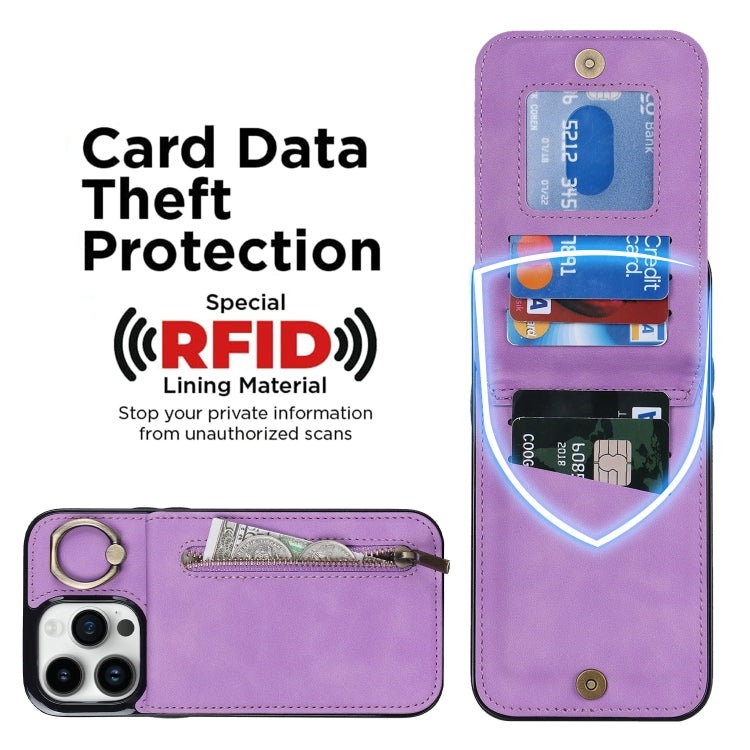 For iPhone 15 Pro Max Retro Ring and Zipper RFID Card Slot Phone Case(Purple) - iPhone 15 Pro Max Cases by buy2fix | Online Shopping UK | buy2fix