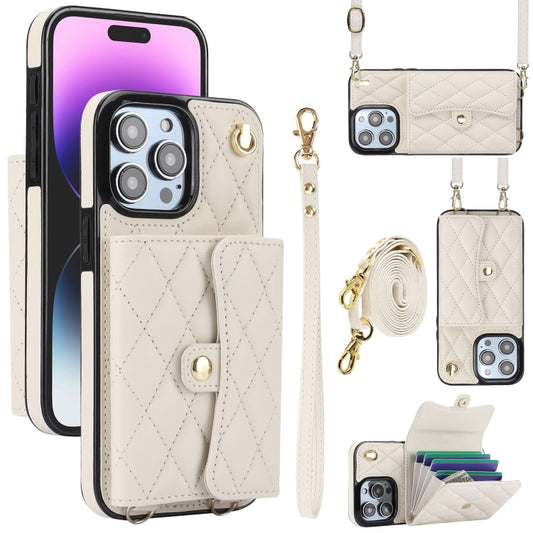 For iPhone 15 Pro Max Crossbody Rhombic Horizontal Wallet Leather Phone Case(White) - iPhone 15 Pro Max Cases by buy2fix | Online Shopping UK | buy2fix