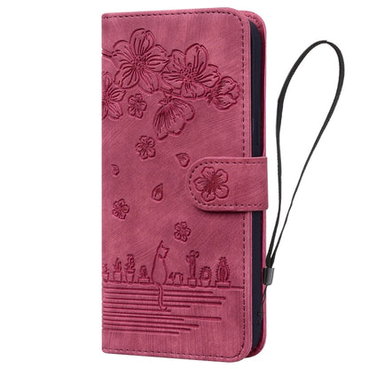 For iPhone 15 Pro Max Cartoon Sakura Cat Embossed Leather Phone Case(Wine Red) - iPhone 15 Pro Max Cases by buy2fix | Online Shopping UK | buy2fix