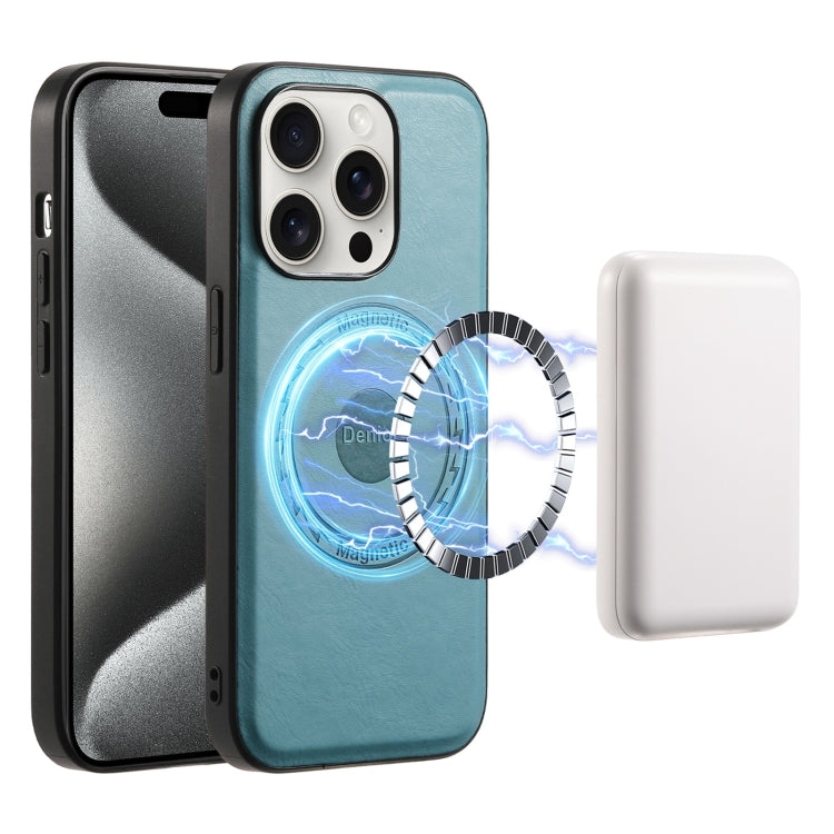 For iPhone 15 Pro Denior Cowhide Texture Leather MagSafe Phone Case(Blue) - iPhone 15 Pro Cases by Denior | Online Shopping UK | buy2fix