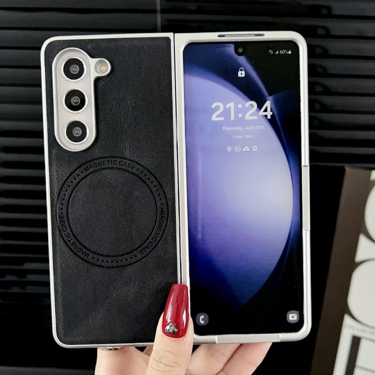 For Samsung Galaxy Z Fold5 Skin Feel Leather Texture MagSafe Pearlescent Paint Shockproof Phone Case(Black) - Galaxy Z Fold5 Cases by buy2fix | Online Shopping UK | buy2fix