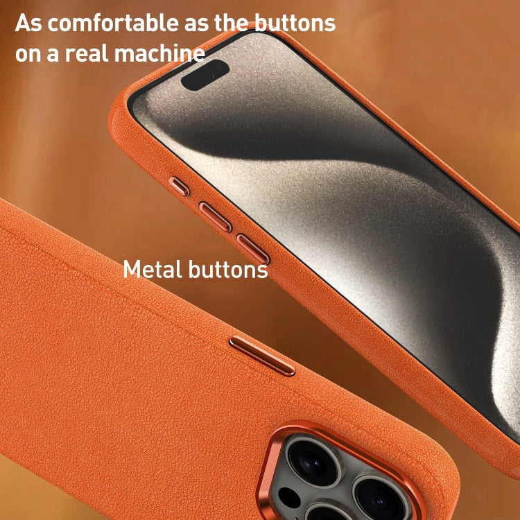 For iPhone 15 Metal Lens Frame Leather Magsafe Full Coverage Shockproof Phone Case(Orange) - iPhone 15 Cases by buy2fix | Online Shopping UK | buy2fix