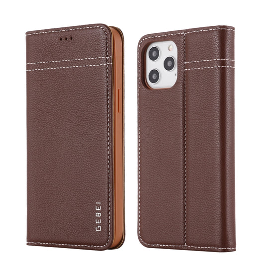 For iPhone 12 Pro Max GEBEI Top-grain Leather Horizontal Flip Protective Case with Holder & Card Slots(Brown) - iPhone 12 Pro Max Cases by GEBEI | Online Shopping UK | buy2fix