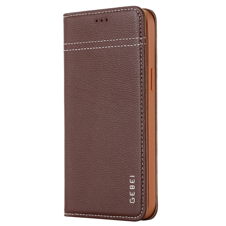 For iPhone 12 Pro Max GEBEI Top-grain Leather Horizontal Flip Protective Case with Holder & Card Slots(Brown) - iPhone 12 Pro Max Cases by GEBEI | Online Shopping UK | buy2fix
