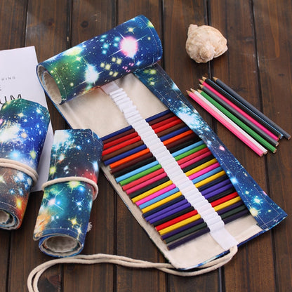 48 Slots Cosmic Galaxy Print Pen Bag Canvas Pencil Wrap Curtain Roll Up Pencil Case Stationery Pouch - Home & Garden by buy2fix | Online Shopping UK | buy2fix