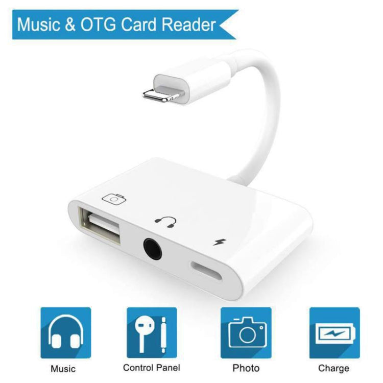 3 in 1 Multi-function 8 Pin + 3.5mm + USB 3.0 OTG to 8 Pin Male Fast Charging & Music Audio & Card Reading Adapter (White) - Converter & Adapter by buy2fix | Online Shopping UK | buy2fix