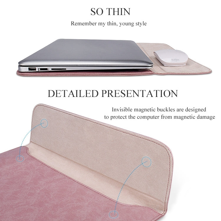 PU01S PU Leather Horizontal Invisible Magnetic Buckle Laptop Inner Bag for 13.3 inch laptops (Pink) - 13.3 inch by buy2fix | Online Shopping UK | buy2fix