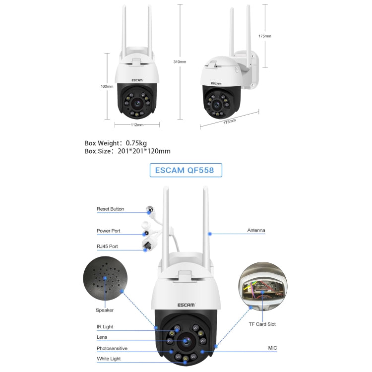 ESCAM QF558 5.0MP HD 5X Zoom Wireless IP Camera, Support Humanoid Detection, Night Vision, Two Way Audio, TF Card, US Plug - Security by ESCAM | Online Shopping UK | buy2fix