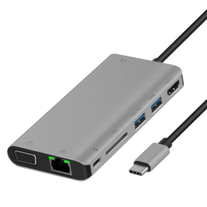 Onten 9591BD 8 in 1 USB-C / Type-C to PD USB-C / Type-C Charging + 100M Ethernet Port + Dual USB 3.0 + HDMI + VGA + SD Card Slot + 3.5mm AUX HUB (Grey) - USB HUB by Onten | Online Shopping UK | buy2fix