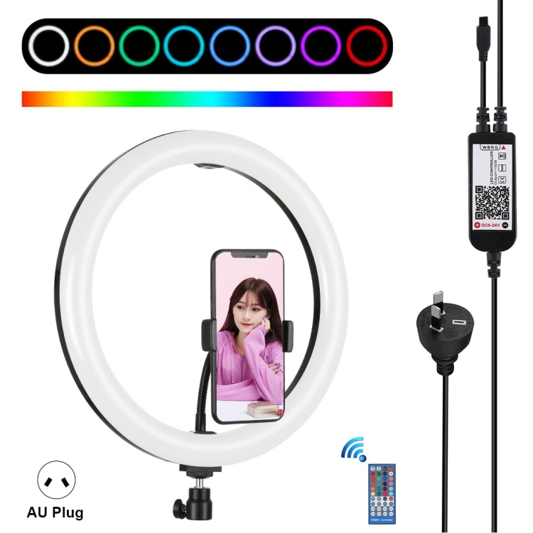 PULUZ 11.8 inch 30cm RGB Dimmable LED Ring Vlogging Selfie Photography Video Lights with Cold Shoe Tripod Ball Head & Phone Clamp (Black)(AU Plug) - Ring Light by PULUZ | Online Shopping UK | buy2fix