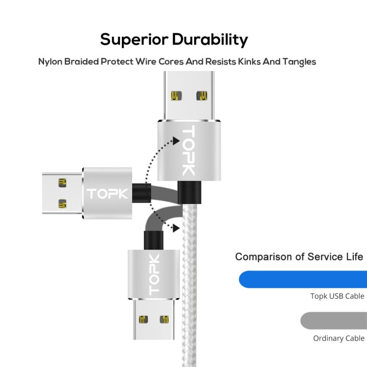 TOPK 1m 2.4A Max USB to USB-C / Type-C Nylon Braided Magnetic Charging Cable with LED Indicator(Silver) - Mobile Accessories by TOPK | Online Shopping UK | buy2fix