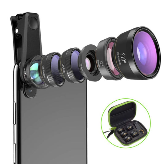 APEXEL APL-DG6V2 6 in 1 Universal External 2X Telephone+210 Degrees Fisheye+15X Macro+120 degree Wide-angle+CPL+Star Filter Lens - Combination Lens by APEXEL | Online Shopping UK | buy2fix