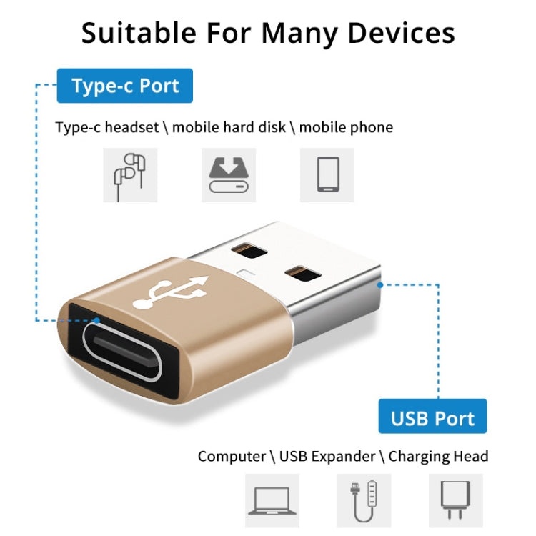 USB-C / Type-C Female to USB 3.0 Male Aluminum Alloy Adapter, Support Charging & Transmission Data(Gold) - Type-C Adapter by buy2fix | Online Shopping UK | buy2fix