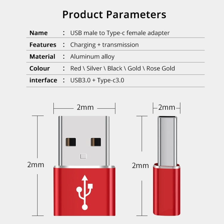 USB-C / Type-C Female to USB 3.0 Male Aluminum Alloy Adapter, Support Charging & Transmission Data(Red) - Type-C Adapter by buy2fix | Online Shopping UK | buy2fix