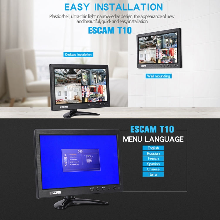 ESCAM T10 10.0 inch TFT LCD 1024x600 Monitor with VGA & HDMI & AV & BNC & USB for PC CCTV Security - Consumer Electronics by ESCAM | Online Shopping UK | buy2fix