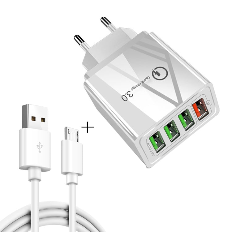 2 in 1 1m USB to Micro USB Data Cable + 30W QC 3.0 4 USB Interfaces Mobile Phone Tablet PC Universal Quick Charger Travel Charger Set, EU Plug(White) - Mobile Accessories by buy2fix | Online Shopping UK | buy2fix