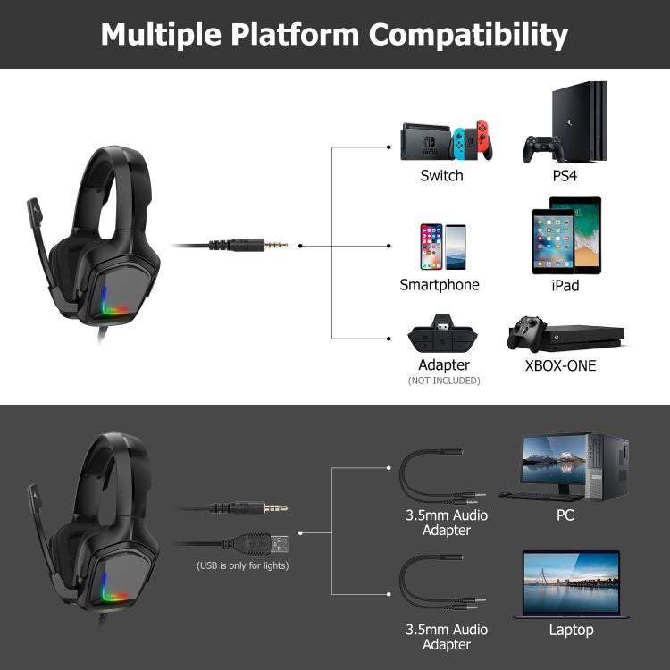 ONIKUMA K20 PS4 Headset Stereo Gaming Headset with Microphone/LED Light for XBox One/Laptop Tablet - Multimedia Headset by ONIKUMA | Online Shopping UK | buy2fix