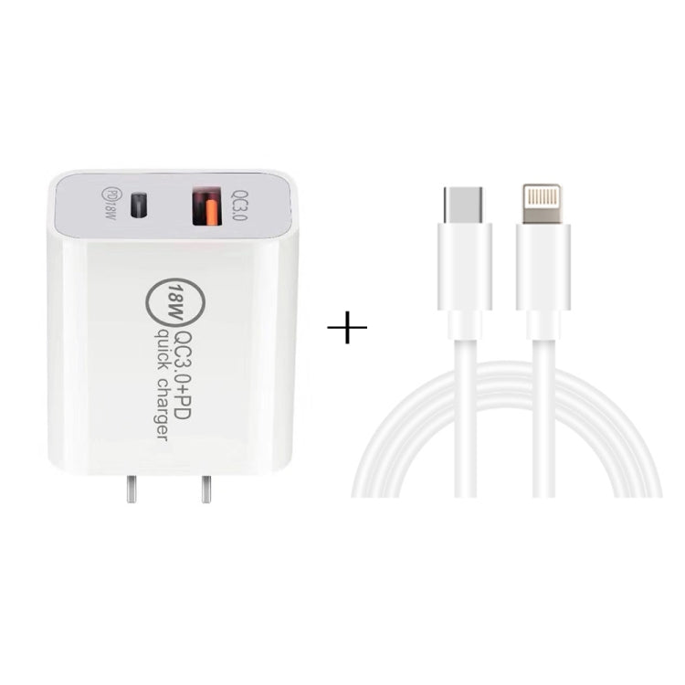 SDC-18W 18W PD 3.0 Type-C / USB-C + QC 3.0 USB Dual Fast Charging Universal Travel Charger with Type-C / USB-C to 8 Pin Fast Charging Data Cable, US Plug - USB Charger by buy2fix | Online Shopping UK | buy2fix