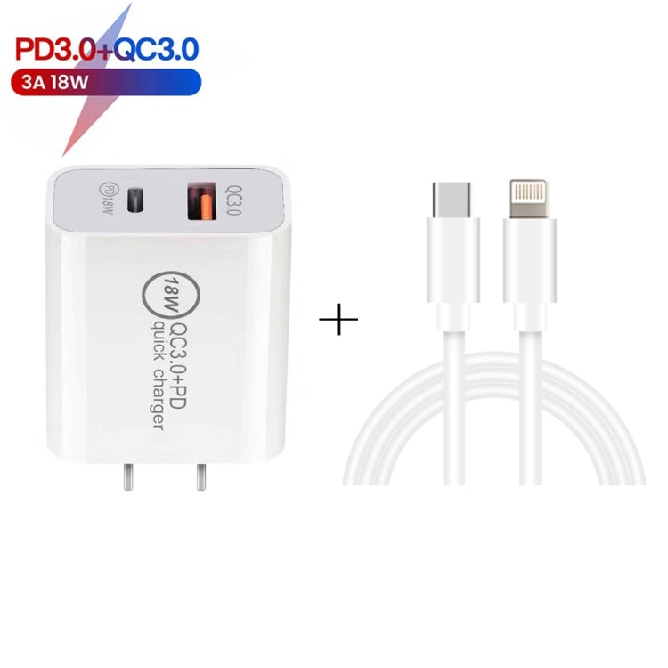 SDC-18W 18W PD 3.0 Type-C / USB-C + QC 3.0 USB Dual Fast Charging Universal Travel Charger with Type-C / USB-C to 8 Pin Fast Charging Data Cable, US Plug - USB Charger by buy2fix | Online Shopping UK | buy2fix