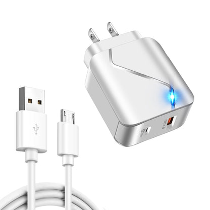 LZ-819A+C 18W QC3.0 USB + PD USB-C / Type-C Interface Travel Charger with Indicator Light + USB to Micro USB Fast Charging Data Cable Set, US Plug(White) - Mobile Accessories by buy2fix | Online Shopping UK | buy2fix